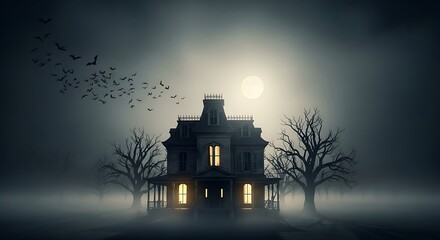 A spooky old mansion shrouded in thick fog under a full moon with bats flying, creating a haunting atmosphere.