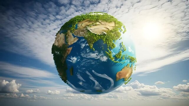 Earth with trees against blue cloudy sky. Conservation concept