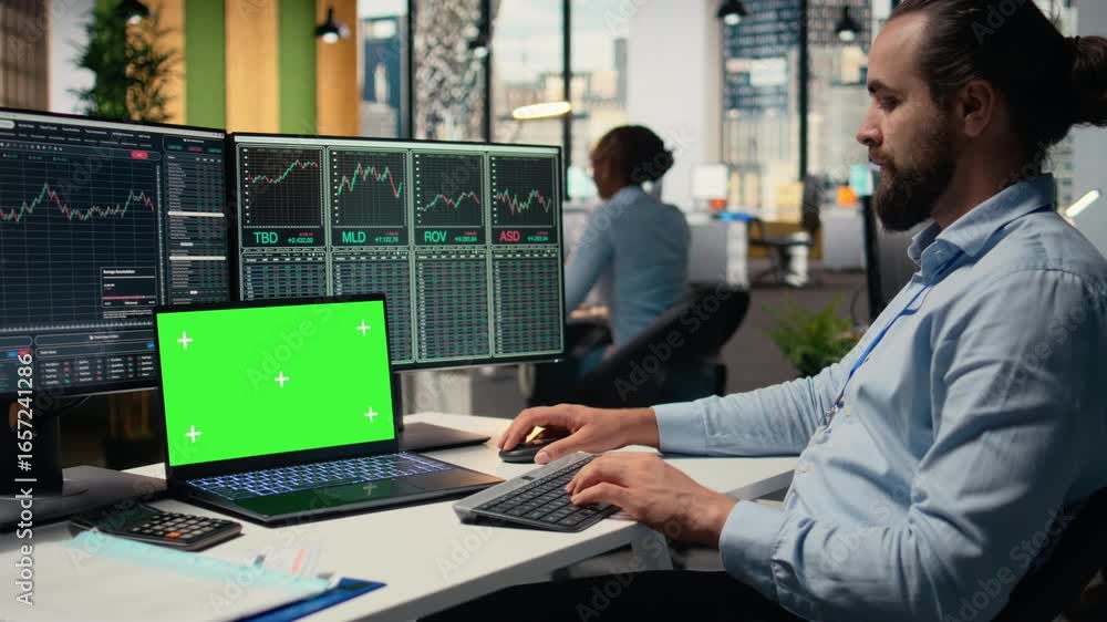 Aufkleber day trader in brokerage office analyzes stock market charts on isolated screen laptop, making buy an