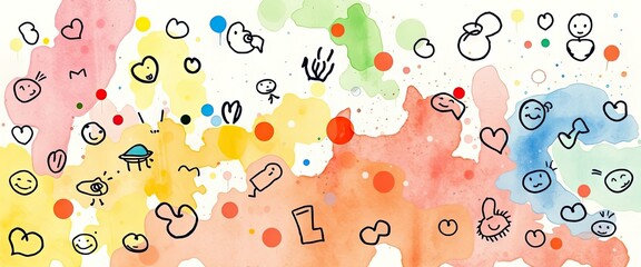 Vibrant watercolor splashes meet playful hand-drawn doodles of happy faces, hearts, and quirky figures