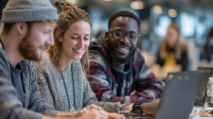 Diverse students collaborating around a laptop in a cafe