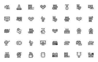 Lottery icon set. Vector illustration. Lucky symbols pack. Includes gift, cheque, coin, money bag, jackpot, bingo, clover, wheel of fortune, prize, wallet, horseshoe, gambling and more.