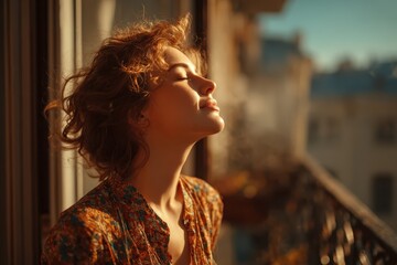 Redhead woman basks in sunlight on her balcony with her eyes closed. This photo conveys happiness, relaxation, and can be used for inspiration.
