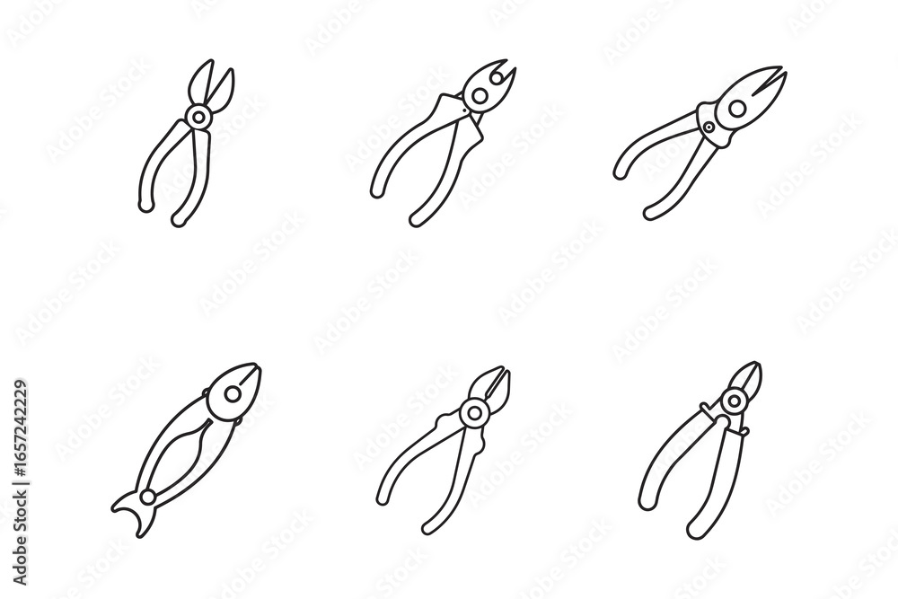 Poster set of six different types of pliers outline isolated on white background for design elements and te