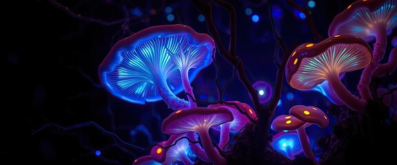 Obraz premium Enchanting bioluminescent mushrooms glow with magical blue and pink light in a dark forest setting