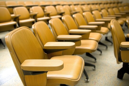 University lecture hall with wooden chairs, armrests, desk space, detailed close-up
