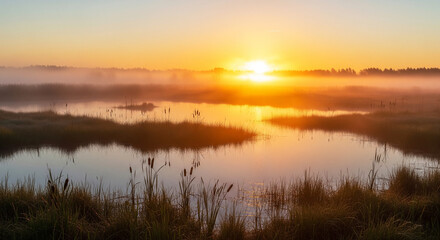 Obraz premium Misty Sunrise Over Marshland Reflections