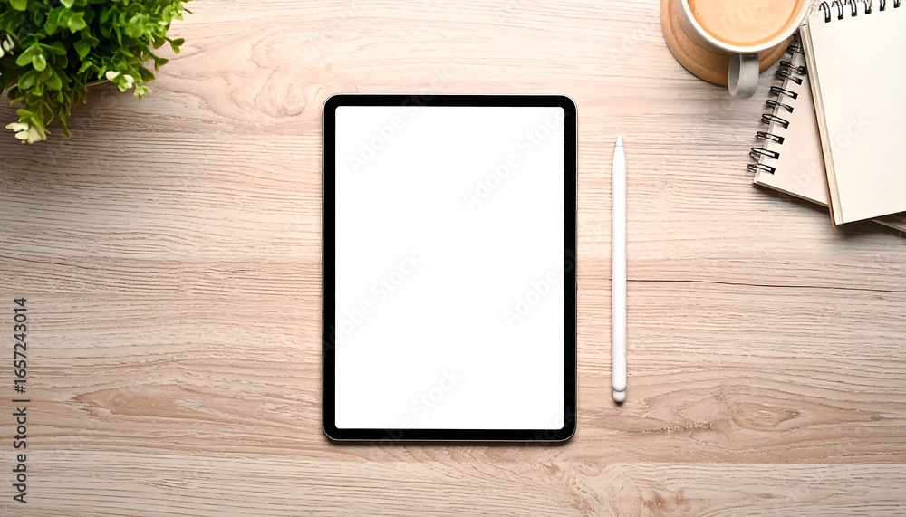 Poster digital tablet rests on wooden desk near coffee and notepad, creating a modern workspace atmosphere 