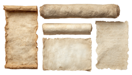 Four antique scrolls and papers, aged and worn