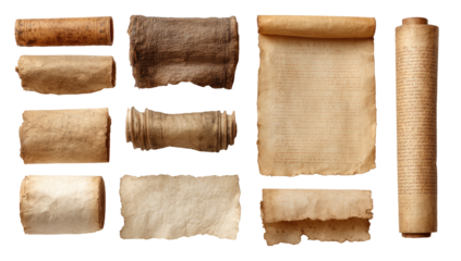 Nine antique scrolls and papers, varying in shape and condition, showing signs of age and use