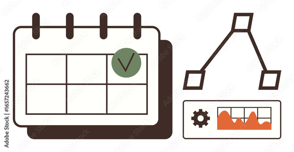 Poster calendar with a marked task, process flow diagram, and analytics graph. ideal for project planning, 