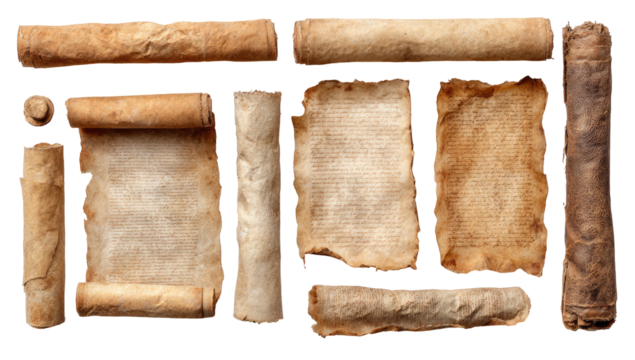 Collection of aged scrolls and parchments