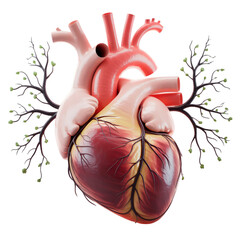 Detailed anatomical heart with branching veins and green buds