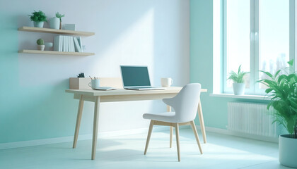 Fototapeta premium Minimalist lifestyle workspace with wooden desk, laptop, and neutral pastel walls. Bright, clean, and spacious for branding use
