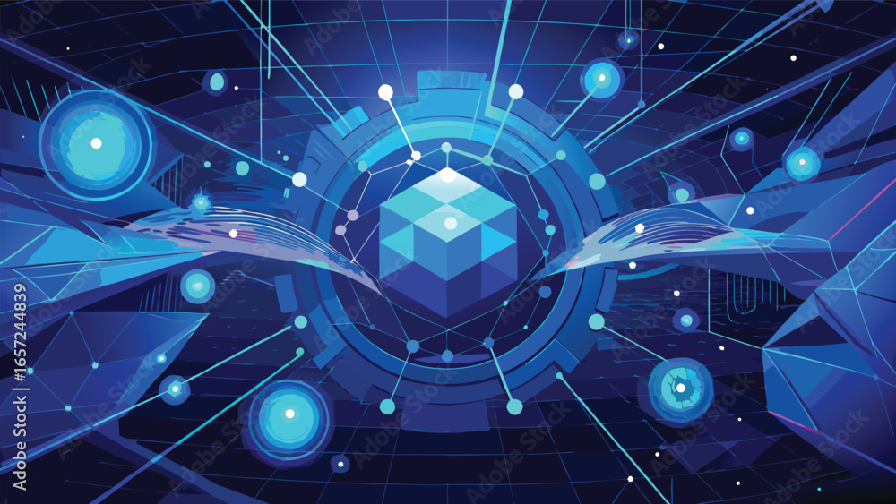 Wall mural vector art of futuristic abstract technology network with glowing blue nodes and lines connecting a 