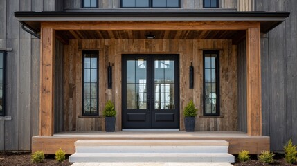 Elegant modern entrance with large glass doors, wooden accents, and symmetrical design for a welcoming home facade