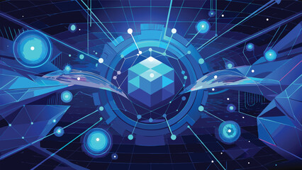 Vector art of futuristic abstract technology network with glowing blue nodes and lines connecting a central cube, representing digital data, global communication, and advanced science in a modern, fut