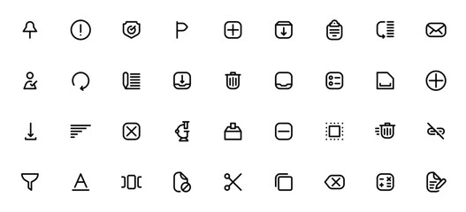 Content Management icon set. Minimalist vector icons pack. Includes symbols for push pin, report, policy, flag, archive, clipboard, mail, delete, filter, copy, edit and more. Editable stroke.