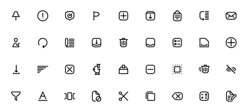 Content Management icon set. Minimalist vector icons pack. Includes symbols for push pin, report, policy, flag, archive, clipboard, mail, delete, filter, copy, edit and more. Editable stroke.