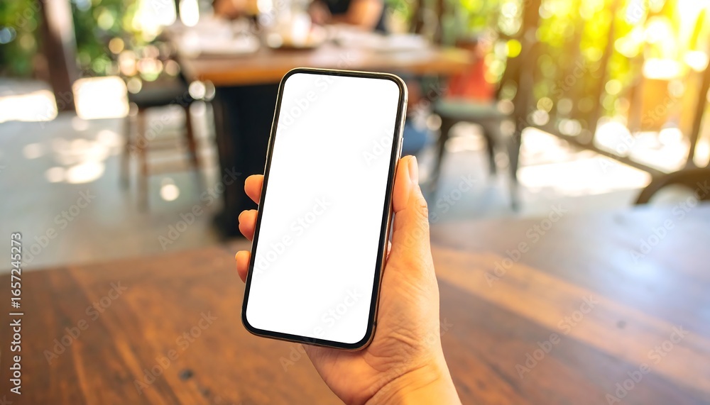Aufkleber hand holding smartphone with blank screen in cafe showing technology and connectivity, creating a mo