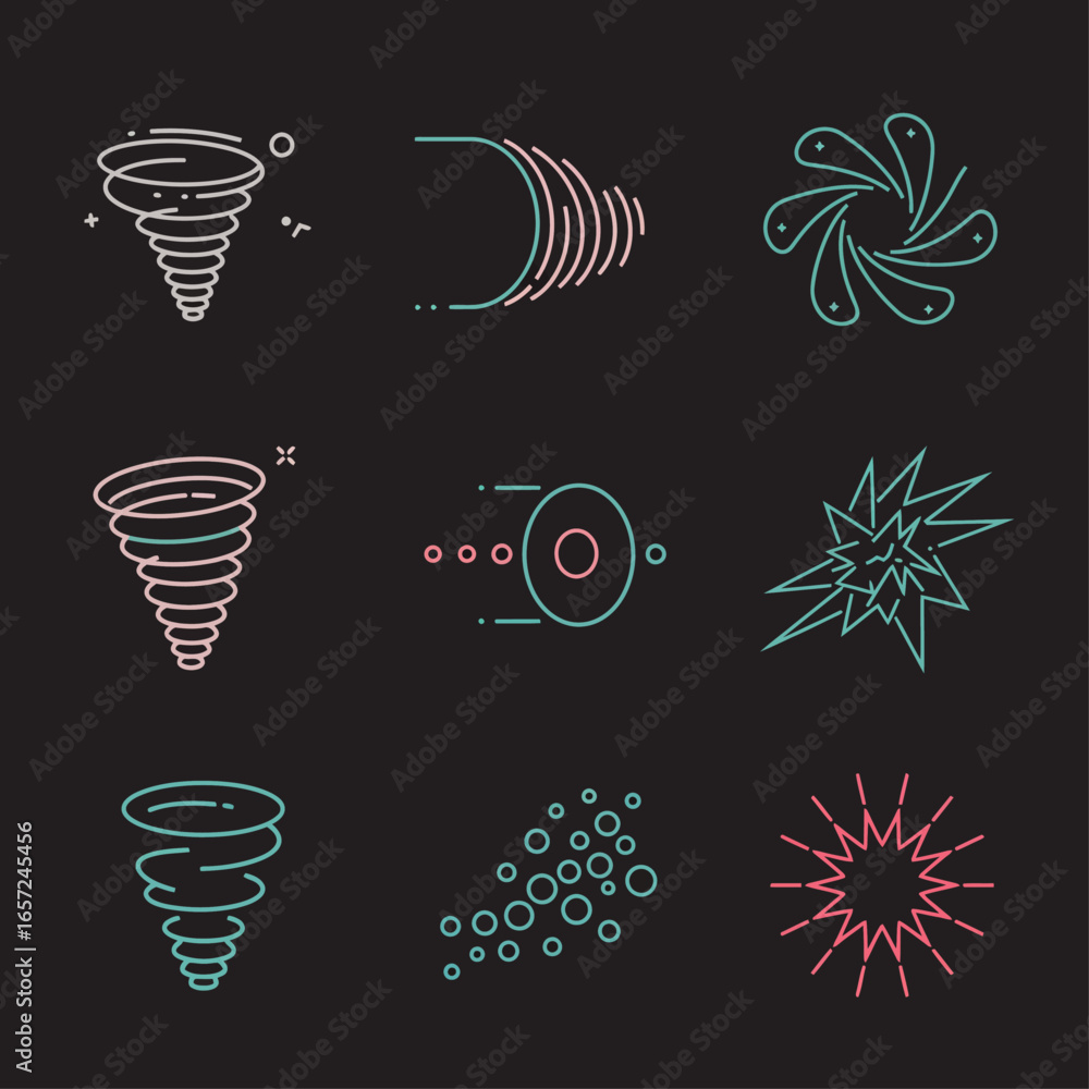 Poster abstract line art icons depicting various dynamic natural and scientific phenomena on a dark backgro