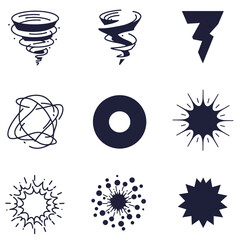 Obraz premium A grid of nine abstract graphic icons depicting natural phenomena and dynamic effects like whirlwinds, lightning, and explosions.
