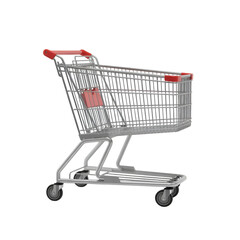 Empty silver shopping cart with red accents on black background