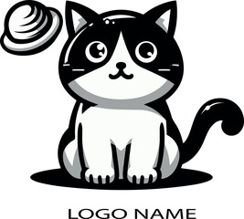 Cartoon cat black and white logo icon vector white background .