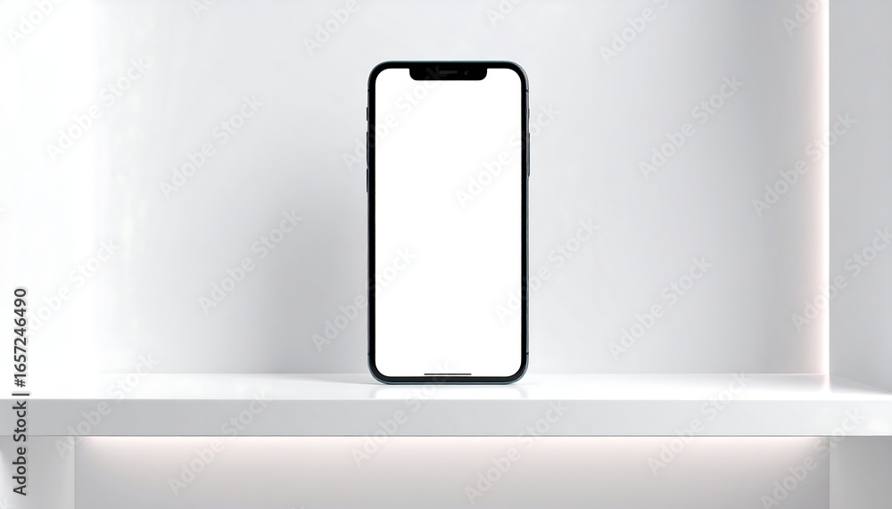 Aufkleber smartphone displaying blank white screen resting on a minimalist shelf against a white wall in a mod