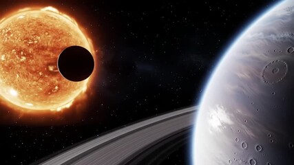 An exoplanet transits its host star in a distant solar system, with a large ringed planet nearby. - Powered by Adobe