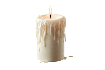 A single, cylindrical candle, off-white in color, with melted wax dripping down its sides.  A flame burns brightly at the top