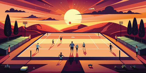 unset volleyball Match. This stylized illustration captures a group of people playing volleyball on an outdoor court at sunset, with a vibrant sky and rolling hills in the background.
