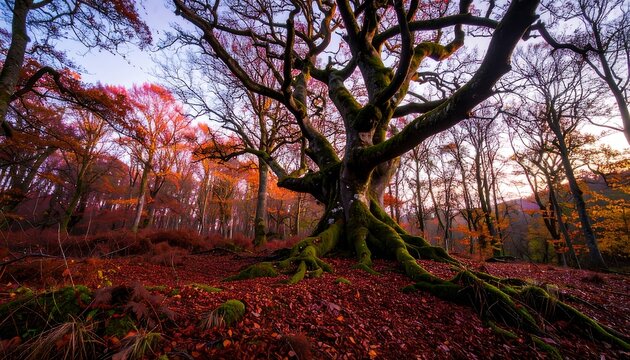 A magnificent, ancient beech tree, its roots intertwined with moss, stands majestically in a vibrant autumn forest.