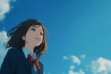 青空を見上げる女子高生のイラスト・制服姿