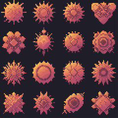 Fototapeta premium A collection of sixteen unique pixel art icons, featuring abstract celestial and gear-like shapes in a warm gradient.