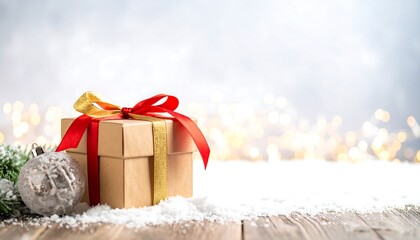 A festive gift box with red and gold ribbon sits on a snowy wooden surface, surrounded by soft holiday lights.