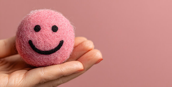 Woman hand holding happy smile sphere, Positive thinking, Mental health assessment , World mental health day concept