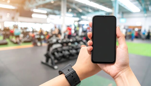 Person using smartphone and smartwatch in gym to track workout progress, showcasing modern fitness technology and healthy lifestyle.