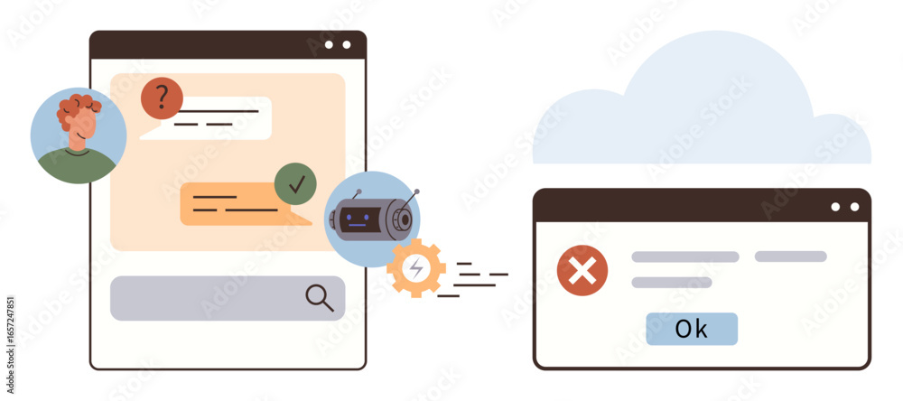 Poster digital chat interface with user queries, settings cog, error message alert, and cloud syncing proce