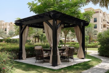 Elegant outdoor wooden gazebo with a sloped roof, surrounded by lush greenery and a well-maintained garden in a peaceful park setting