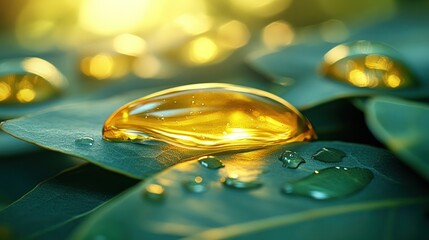 Golden capsule on dewy leaves