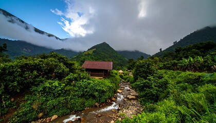 Mountain hut nestled in valley