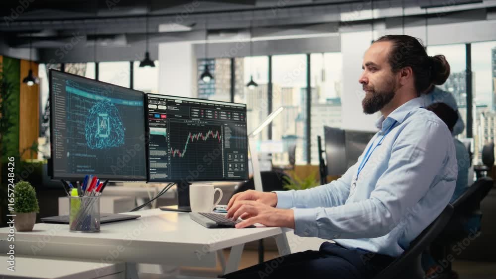 Poster risk analyst using artificial intelligence to assess stock market volatility. portfolio manager usin