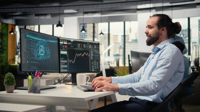 Risk analyst using artificial intelligence to assess stock market volatility. Portfolio manager using AI chatbot to evaluate assets, allocate capital, and generate investment reports, camera A