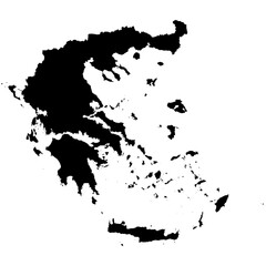 Editable black vector silhouette map of Greece, showing its mainland, the Peloponnese, the numerous islands of the Aegean and Ionian Seas, and the large island of Crete.