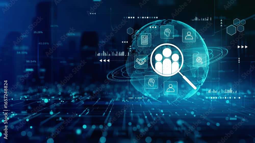 Poster human resources analytics and recruitment concept with global network, digital icons, and data inter