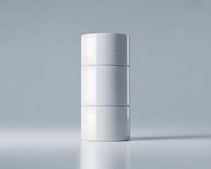 Stack of three minimalist white cylindrical containers clean, modern product packaging mockup.