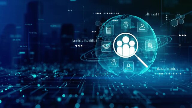 Human resources analytics and recruitment concept with global network, digital icons, and data interface for modern workforce solutions. - Powered by Adobe