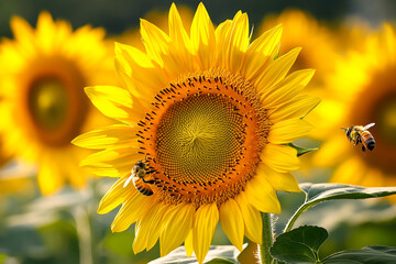 Obraz premium Sunflower Field Macro Shot with Bees Collecting Nectar