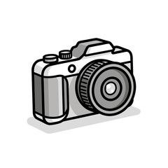 A stylized black and white cartoon illustration of a modern digital photo camera with a drop shadow.